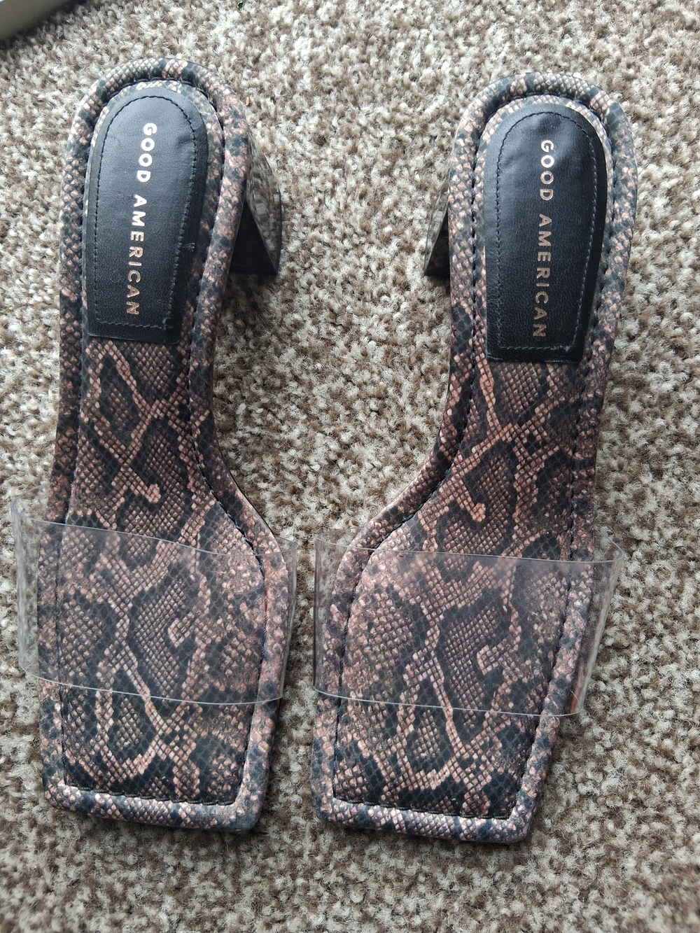 Good American Brown Snake-Print Clear Strap Heeled Sandals
